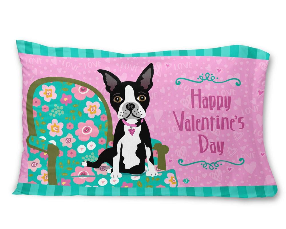 8749 VHA3001PILLOWCASE Happy Valentine's Day Boston Terrier Fabric Standard